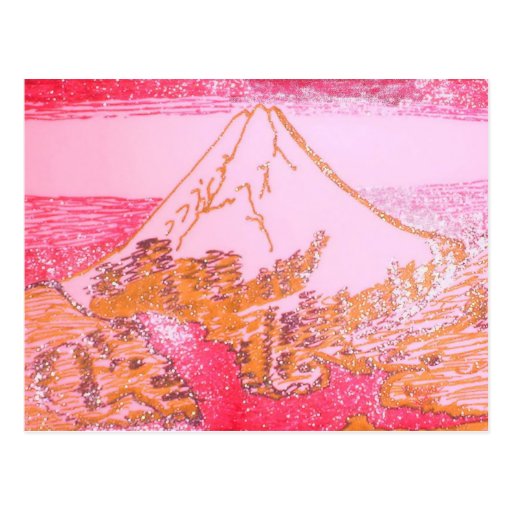 Red Yellow Mt. Fuji Japan Drawing of Hokusai Paint Postcards